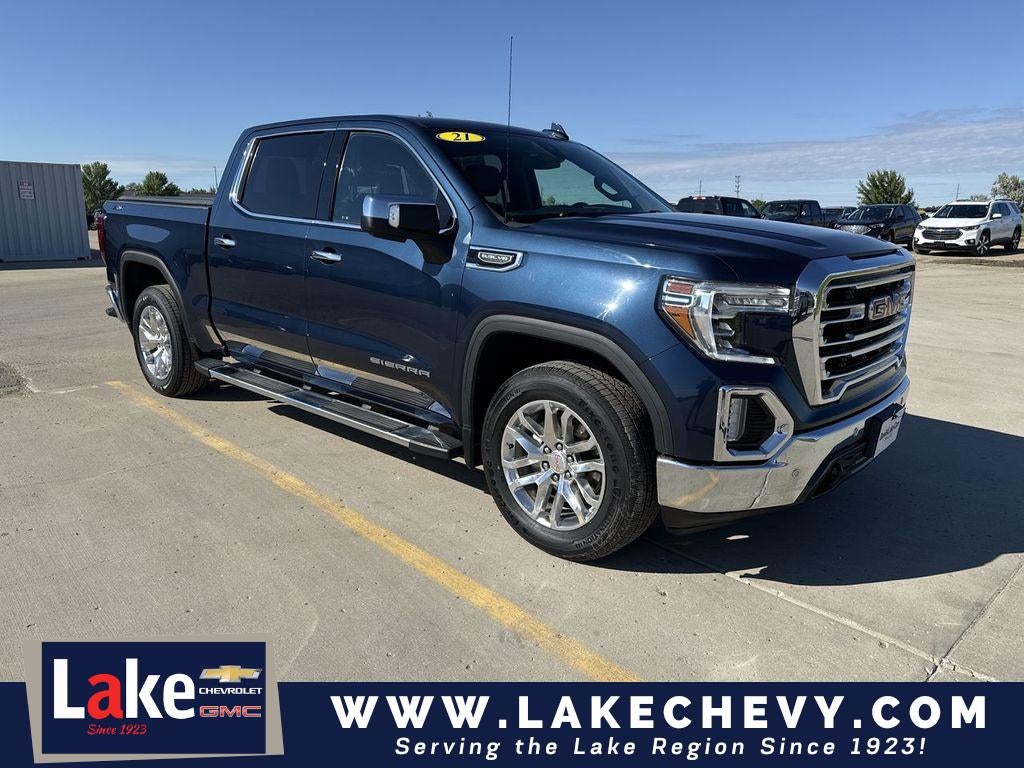 2021 GMC Sierra 1500 SLT in Pacific Blue Metallic — front three-quarter view
